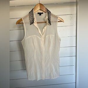 bebe White Sleeveless Blouse with Embellished Collar
